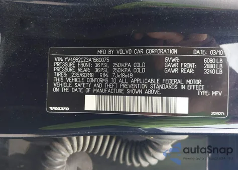 2010 Volvo Xc90 3.2 z USA, uszkodzony, nr VIN YV4982CZ3A1560075